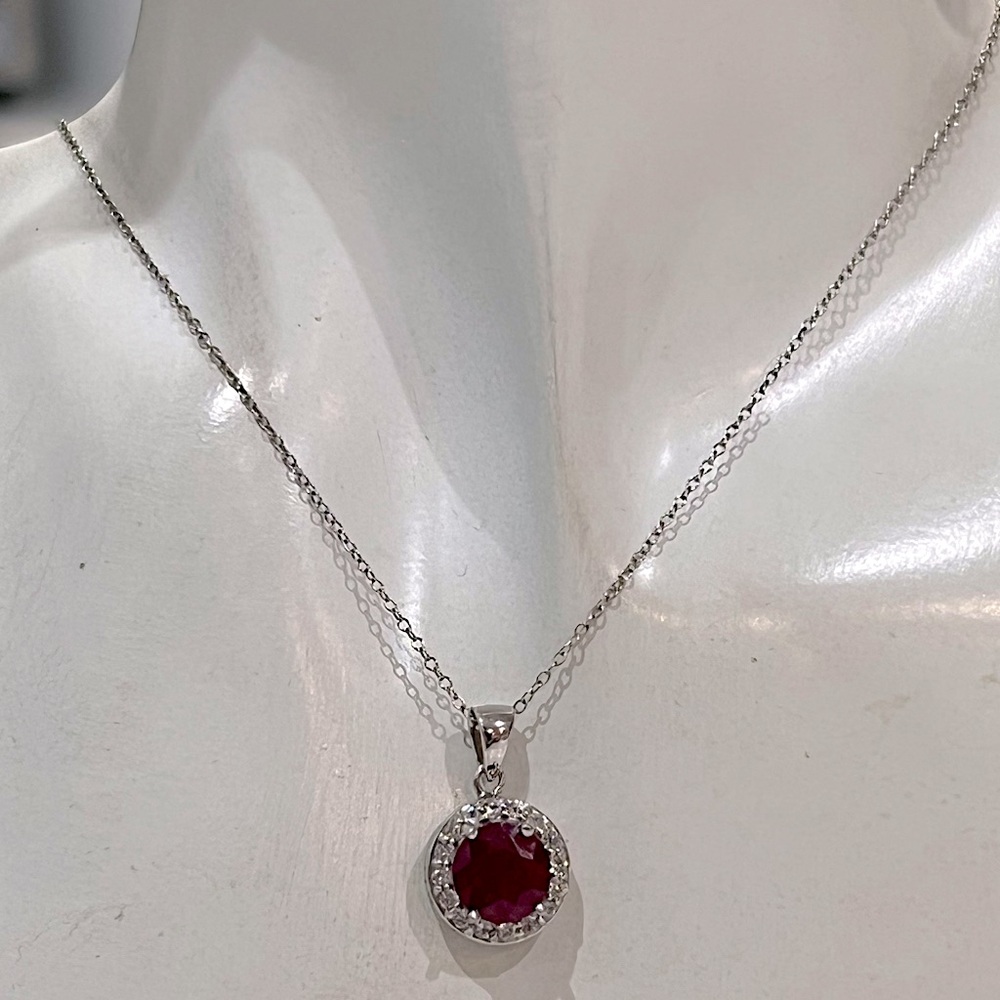 Niassa Ruby White Zircon Sterling Silver Halo Pendant Necklace - Picture 2 of 14